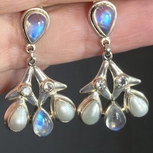 Nicky Butler Designer Signed 925 Sterling Silver Moonstone Pearl Topaz Earrings